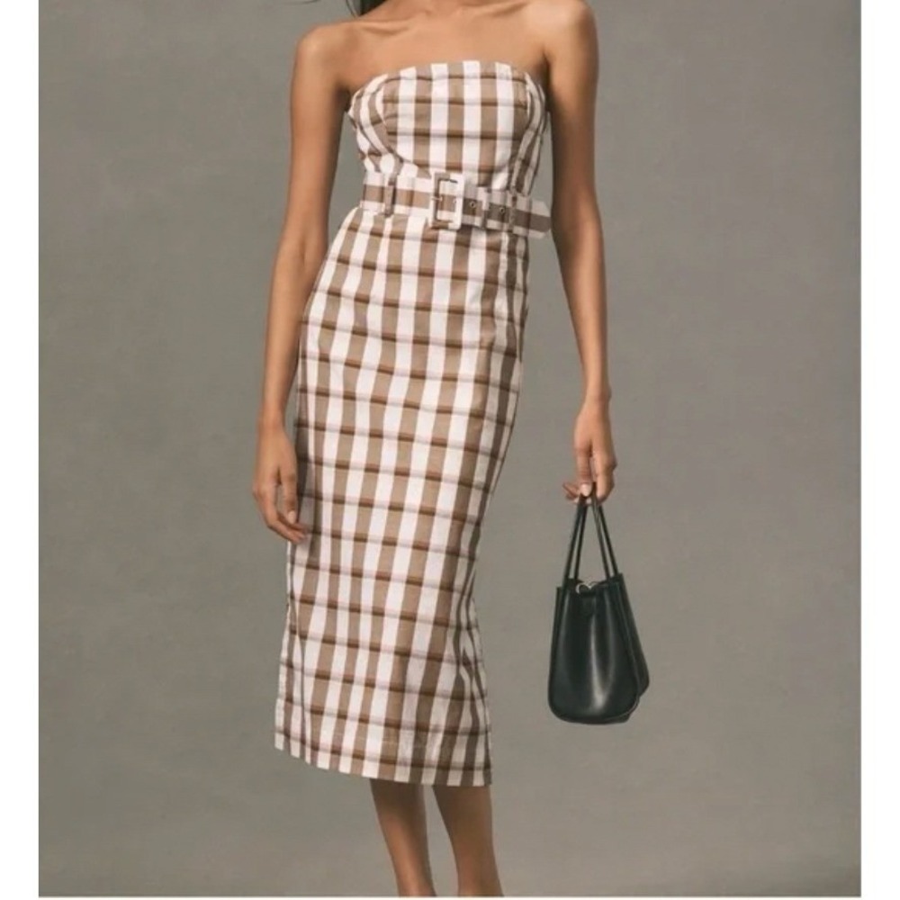 Anthropologie Maeve Belted Square-Neck Strapless Plaid Dress Old Money NWT XL